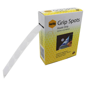 Marbig Grip Spots hook only 22mm x 3.6 metres in its dispenser box, printed with a yellow honeycomb panel, a tape of white hook spots pulled out through the slot