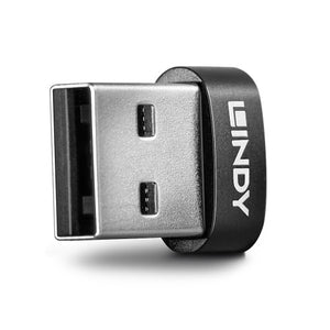 Lindy USB 2.0 Type A Male to C Female Adapter in black, side view of the metal USB Type A plug and the short body with the Lindy logo