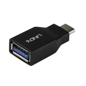 Lindy USB 3.1 Type C Male to A Female Adapter in black, showing the blue USB Type A socket at the front and the Type C plug behind