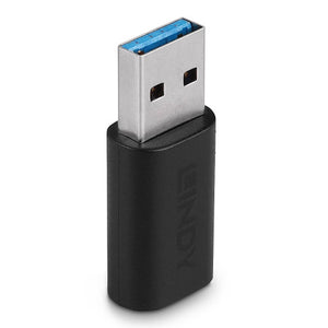 Lindy USB 3.2 Type A Male to C Female Adapter standing upright with the blue USB Type A plug on top and the black body below