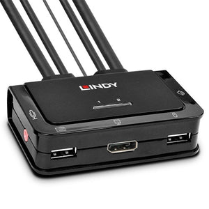 Lindy 2 Port DisplayPort 1.2 USB 2.0 and Audio Cable KVM Switch, front view with DisplayPort socket, two USB ports and integrated cables