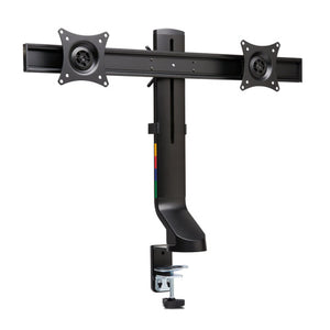 Kensington SmartFit Space-Saving Dual Monitor Arm in black, front view with two VESA mounting plates on a horizontal bar and the C-clamp base