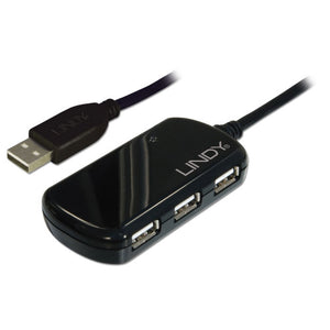 Lindy 8m USB 2.0 Active Extension Pro 4 Port Hub in glossy black with three USB-A ports facing forward and the USB-A plug