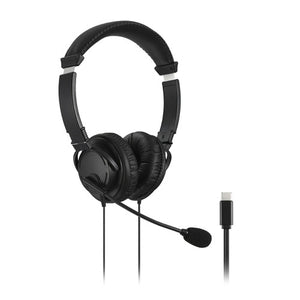Kensington USB-C Hi-Fi Headphone with Microphone in black, front view with boom microphone and USB-C plug