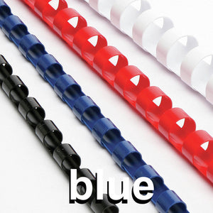 Black, blue, red and white plastic binding combs laid diagonally, with the word blue printed across the photo