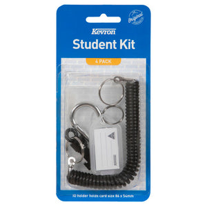 Kevron Student Kit 4 pack on its blister card with a black expanding coil, carabineer, split rings and a clear key tag, ID holder card size 86 x 54mm printed below