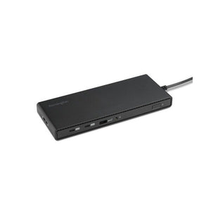 Black Kensington SD4842P EQ USB-C docking station with its fixed host cable, angled view of the front ports