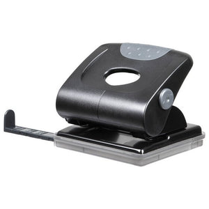 Black two hole punch with a grey textured grip, silver pivot and clear base, paper guide extended to the left