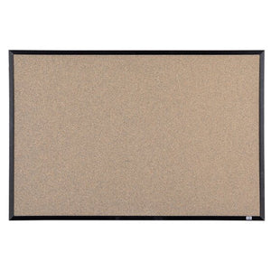Quartet black framed corkboard photographed empty and landscape on white, a speckled grey brown graphite grain cork surface filling the frame