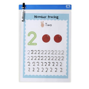 Quartet Flex A3 pocket sleeve with a blue top edge holding a number tracing sheet and a clipped marker