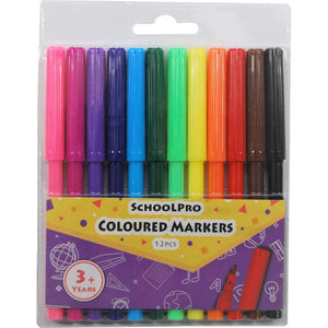 SchoolPro Coloured Markers in a clear wallet showing twelve capped markers from pink and purple to brown and black, with a purple header printed 12PCS