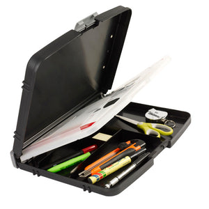 Marbig 5 compartment storage clipboard 8360101 with the lid raised and a clear inner tray, showing pens, highlighters, scissors, a craft knife and sticky notes in the compartments below