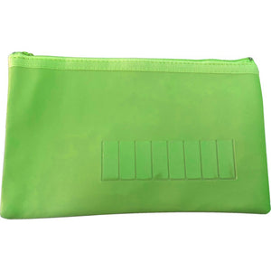 Green SchoolPro zip pencil case shown flat, with a zip along the top edge, matching green zip tape and a row of small ruled boxes on the lower front panel