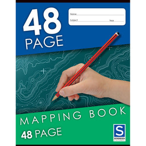 Front cover of the Sovereign Mapping Book, 48 Page: blue top band, hand holding a red pencil over a green contour map pattern, green lower band, a white name subject and year panel and the Sovereign Stationery logo