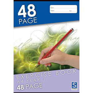 Front cover of the Sovereign Exercise Book, A4 Year 1, 48 Page: blue top band, hand holding a red pencil over a green swirl of script, lilac lower band, a white name subject and year panel and the Sovereign Stationery logo