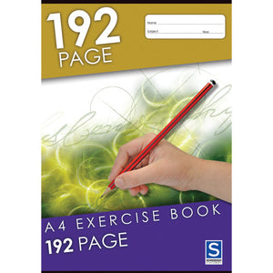 Front cover of the Sovereign A4 Exercise Book, 192 Page: gold top band, hand holding a red pencil over a green swirl of script, purple lower band, a white name subject and year panel and the Sovereign Stationery logo