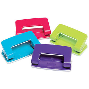 Four small two hole punches in pink, blue, lime and purple with clear bases