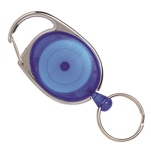 Rexel snap lock key holder in blue, a translucent blue oval seated in a chrome surround with a sprung gate clip at the top and a silver split ring below, angled on a white background.