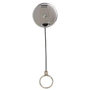 Rexel retractable metal key holder seen from the back, a chrome round body with a belt clip, a black cord and a split key ring