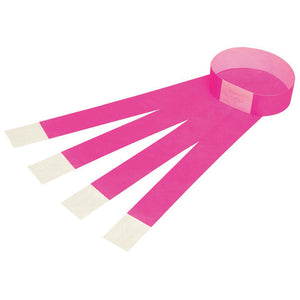 Four fluoro pink Rexel serial number wristbands spread in a fan, one closed into a loop, each with a white tab