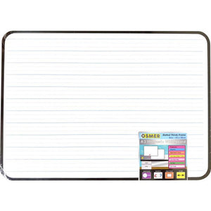 Osmer MDF magnetic whiteboard A3 with black frame, front view of the dotted thirds ruled side with the printed Osmer Dotted Thirds Frame card in the lower right corner