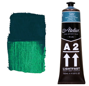 Chroma A2 Heavy Body Acrylic Phthalo Green Hue 120ml tube with Pthalo Green shoulder label, beside a painted swatch of a very dark blue-green that brightens to emerald