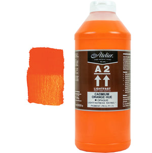 Chroma A2 Heavy Body Acrylic Cadmium Orange Hue 1 litre bottle with white cap and brown Atelier A2 label, beside a painted swatch of a clean, vivid orange in both thick and thin areas