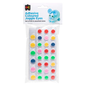 Product packaging of Educational Colours Adhesive Coloured Joggle Eyes Set of 60 displayed in a clear retail pack. The assortment includes colourful self adhesive craft eyes in multiple sizes and vibrant shades including red, blue, green, yellow and pink, ideal for creative classroom and craft activities.