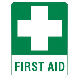 Green and white first aid sticker with a large white cross and the words first aid printed beneath