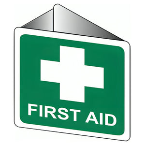 Green and white off-wall first aid sign, folded so that the panel projects from the wall, printed with a white cross and the words first aid