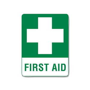 Green and white portrait sign with a large white cross, printed FIRST AID, in the smaller poly size