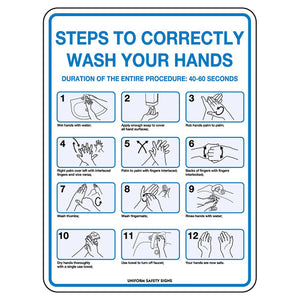 Blue and white sign headed steps to correctly wash your hands, with twelve numbered pictograms and a stated procedure duration of 40 to 60 seconds