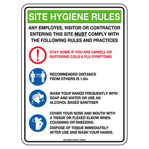 Site hygiene rules sign listing stay home if unwell, keep 1.5m distance, wash hands frequently, cover coughs and sneezes and dispose of tissues, each with a pictogram