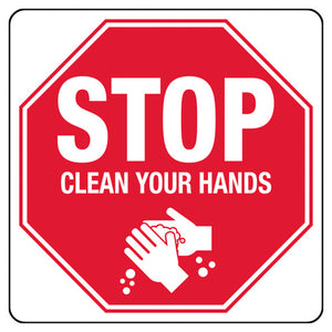 Red octagonal stop sign printed stop, clean your hands, with a pictogram of hands being washed