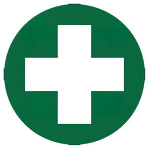 Round green sticker printed with a large white first aid cross