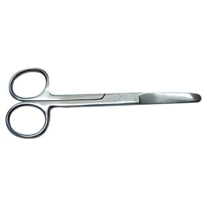 Stainless steel blunt ended scissors with ring handles, shown open on a plain background
