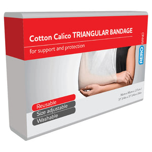 Red and white AEROBAND box printed cotton calico triangular bandage for support and protection, listing reusable, size adjustable and washable