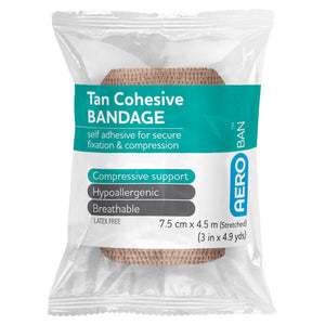 Clear wrapped roll of tan cohesive bandage with a teal and white label printed self adhesive for secure fixation and compression, 7.5cm x 4.5m