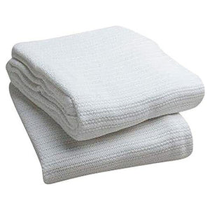 Two folded white cotton blankets stacked one on the other, shown from the front