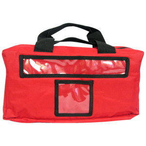 Red fabric first aid bag with a black carry handle, a clear document window across the front and a smaller label pocket