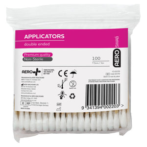 Clear pack of double ended AEROSWAB applicators with pink header card, printed premium quality and non-sterile, marked 100