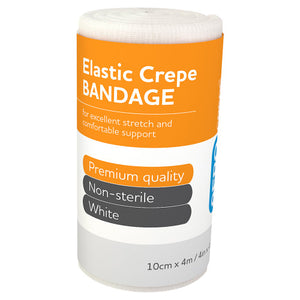Roll of elastic crepe bandage with an orange and white label printed elastic crepe bandage for excellent stretch and comfortable support, premium quality, non-sterile, white, 10cm x 4m