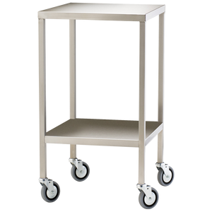 Small stainless steel trolley with two flat shelves, a raised rim on the top and four swivel castors