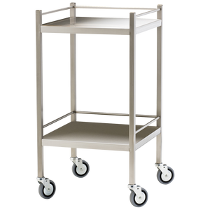 Stainless steel trolley with two shelves, a raised guard rail around each shelf and four swivel castors