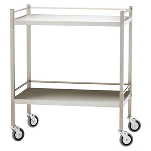 Medium stainless steel trolley with two shelves and raised rails, standing on four castors