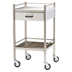 Small stainless steel trolley with a single drawer under the top shelf and a lower shelf, standing on four castors
