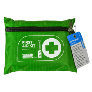 Green zipped soft pouch with a white cross roundel, printed First Aid Kit personal use, with a swing tag attached