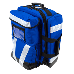 Aero Healthcare AEROBAG Blue Oxygen and Trauma First Aid Backpack 48 x 54 x 32cm showing padded shoulder straps multiple compartments and clear panel pockets for organised emergency response equipment carrying