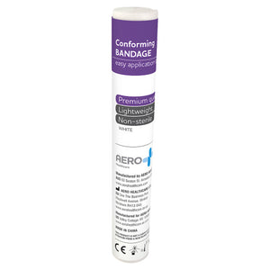 Tube pack of conforming bandage with a purple and white label printed easy application, premium quality, lightweight, non-sterile, white