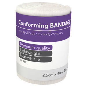 Roll of conforming bandage with a purple and white label printed easy application to body contours, premium quality, lightweight, non-sterile, white, 2.5cm x 4m